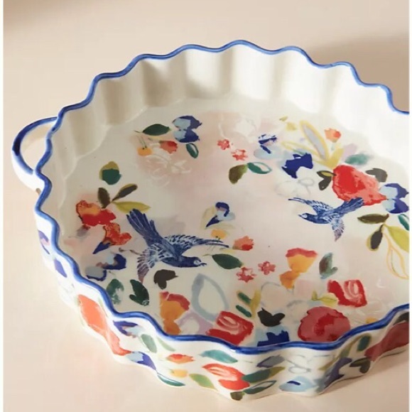 Anthropologie Bakeware Pie Dish Luna Handpainted Glazed Stoneware NEW